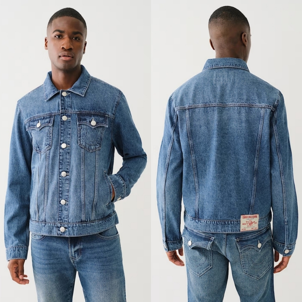 NWT True Religion "Jesse SN Trucker Jacket" Storm Wash Blue Denim | Men's Size M